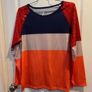 Sequin top orange navy tan long sleeve 2x